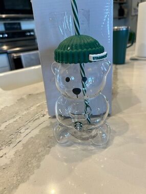 Starbucks Clear Bear Glass Cup with Green Lid and Striped Straw
